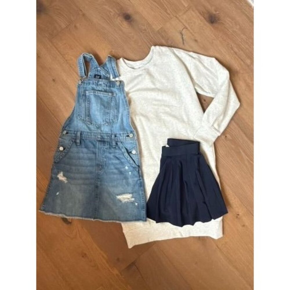 Girls Clothing Bundle: Gap Kids Distressed Denim Overall Dress, Athleta Girl Swe